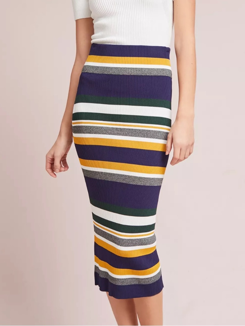 Anthropologie Callahan Greenwich Skirt Striped Knit Midi Skirt in Navy, Mustard